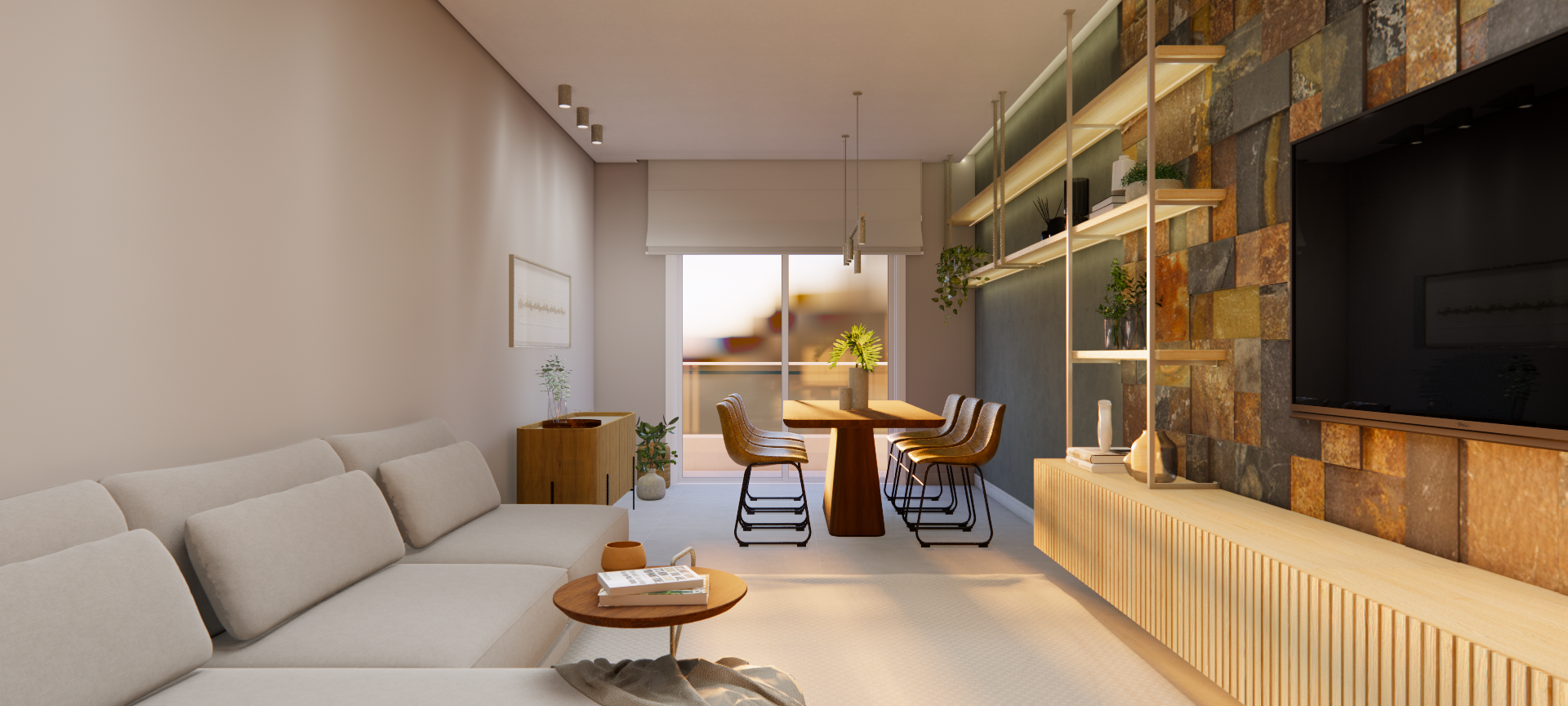 Imagem de sala inspirada no estilo industrial com mesa, cadeiras, sofá, hack e prateleiras.